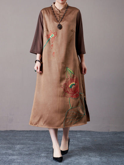 Brown Embroidered Floral Midi Dress with 3/4 Sleeves