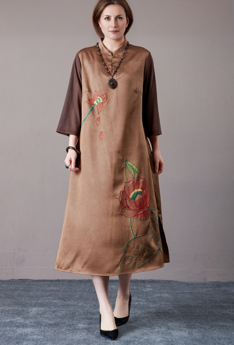 Brown Embroidered Floral Midi Dress with 3/4 Sleeves