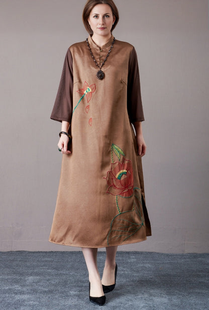 Brown Embroidered Floral Midi Dress with 3/4 Sleeves