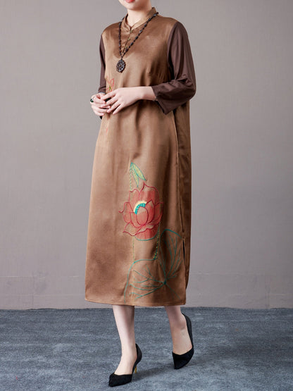 Brown Embroidered Floral Midi Dress with 3/4 Sleeves