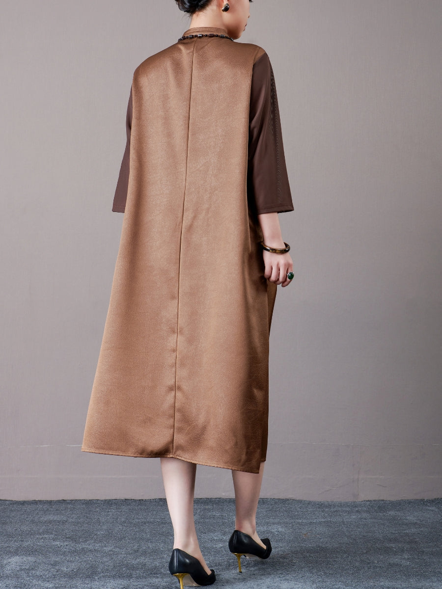 Brown Embroidered Floral Midi Dress with 3/4 Sleeves