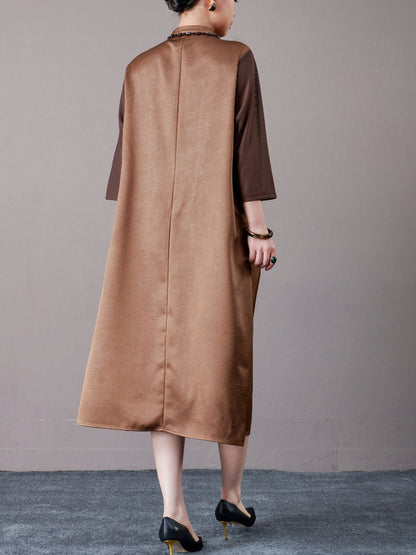 Brown Embroidered Floral Midi Dress with 3/4 Sleeves