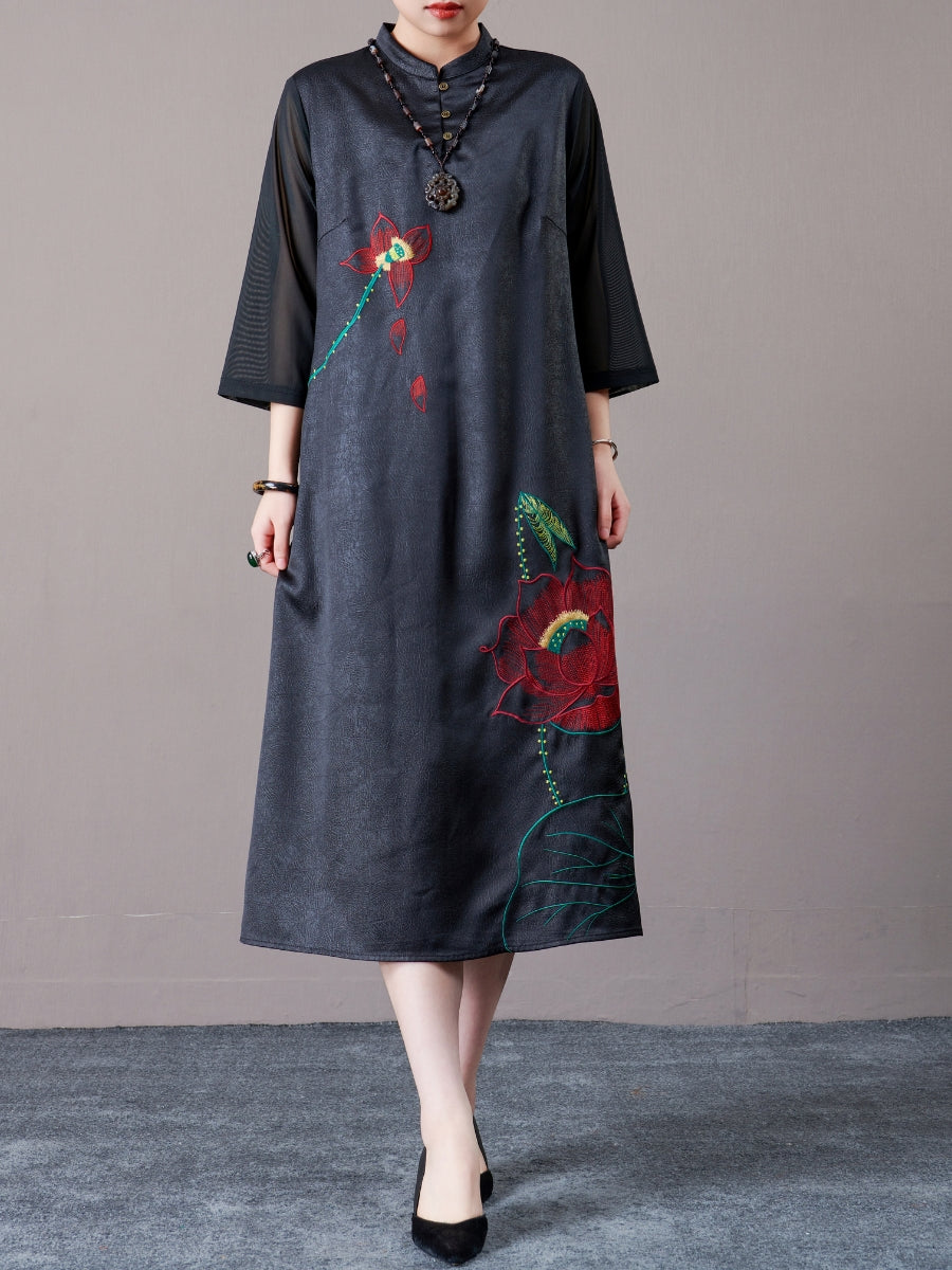 Brown Embroidered Floral Midi Dress with 3/4 Sleeves