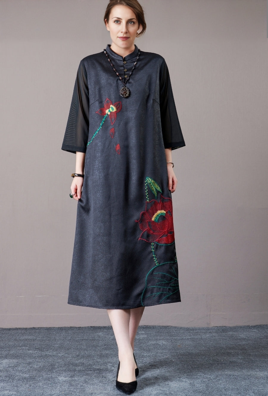 Brown Embroidered Floral Midi Dress with 3/4 Sleeves