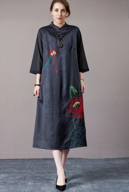 Brown Embroidered Floral Midi Dress with 3/4 Sleeves