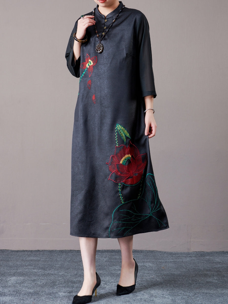 Brown Embroidered Floral Midi Dress with 3/4 Sleeves