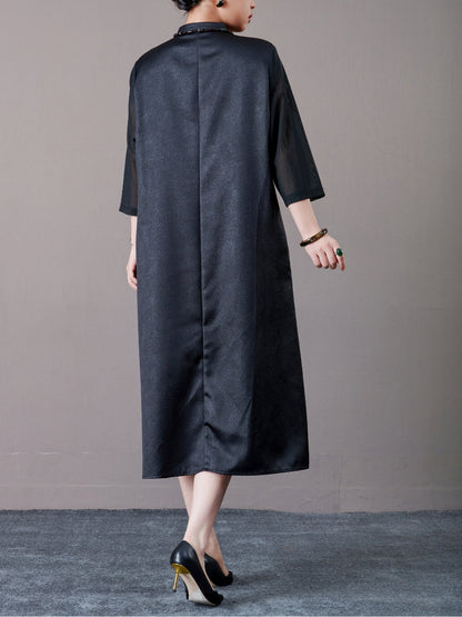 Brown Embroidered Floral Midi Dress with 3/4 Sleeves