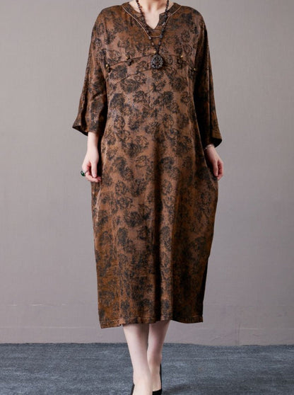 Vintage-Inspired Brown Floral Maxi Dress