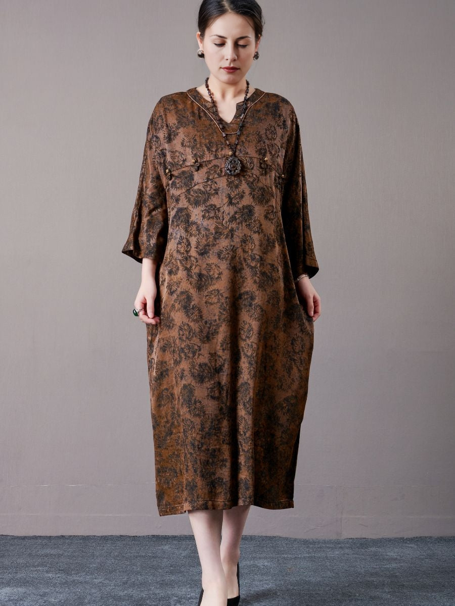 Vintage-Inspired Brown Floral Maxi Dress