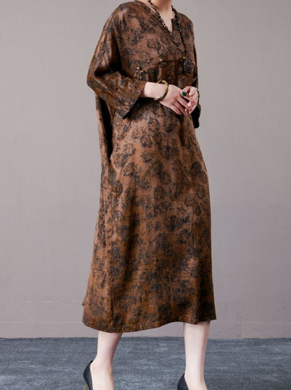 Vintage-Inspired Brown Floral Maxi Dress