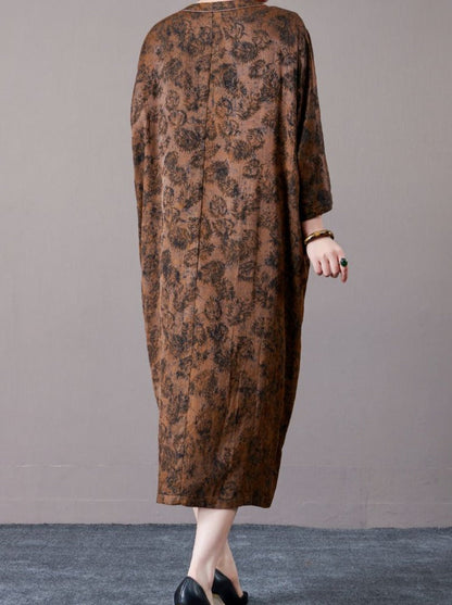 Vintage-Inspired Brown Floral Maxi Dress