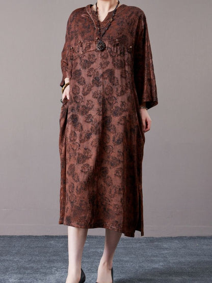 Vintage-Inspired Brown Floral Maxi Dress
