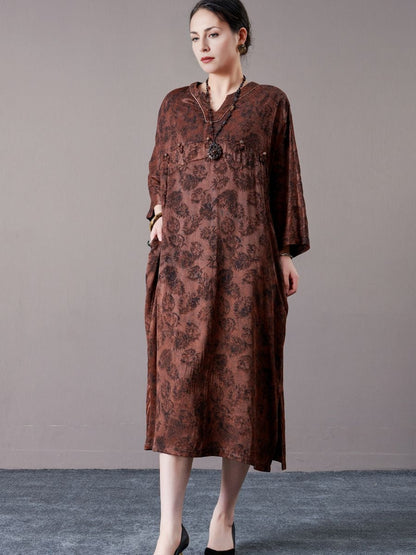 Vintage-Inspired Brown Floral Maxi Dress