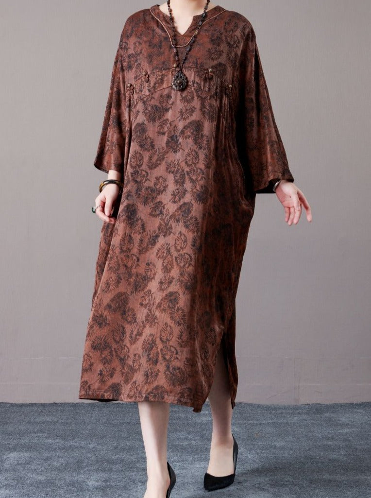 Vintage-Inspired Brown Floral Maxi Dress