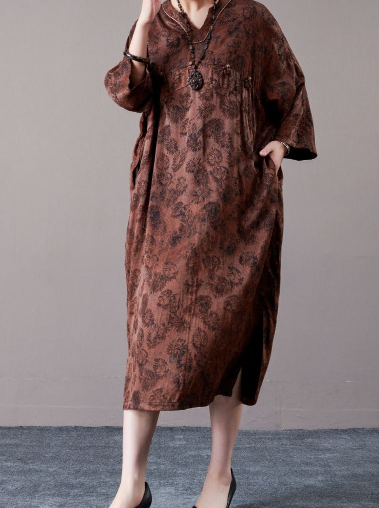 Vintage-Inspired Brown Floral Maxi Dress
