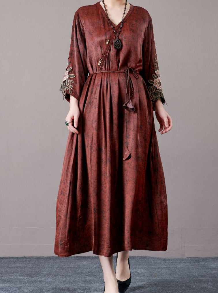 Embroidered Sleeves Rust Brown Maxi Dress