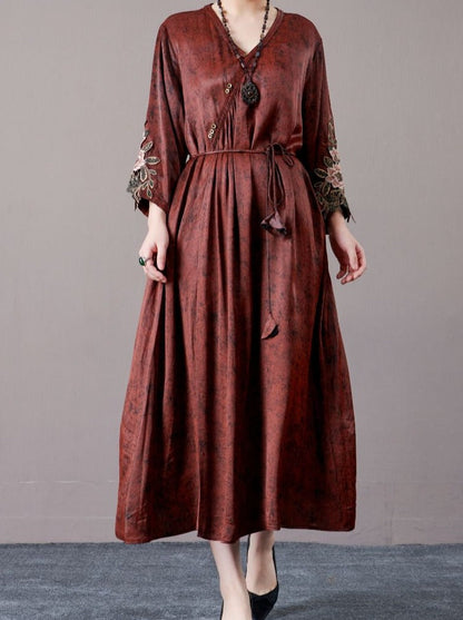 Embroidered Sleeves Rust Brown Maxi Dress