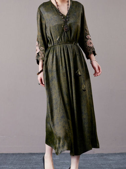 Embroidered Sleeves Rust Brown Maxi Dress
