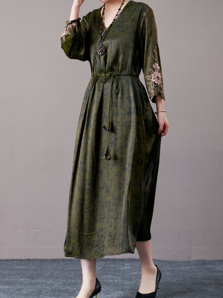 Embroidered Sleeves Rust Brown Maxi Dress