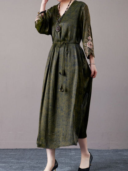 Embroidered Sleeves Rust Brown Maxi Dress