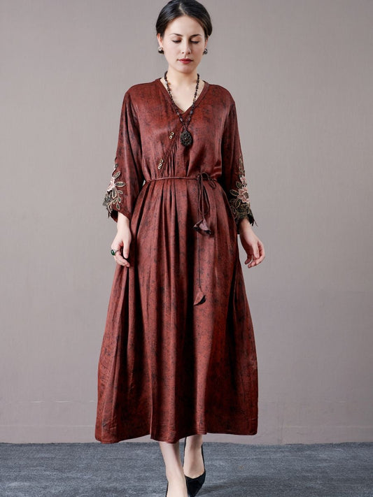Embroidered Sleeves Rust Brown Maxi Dress