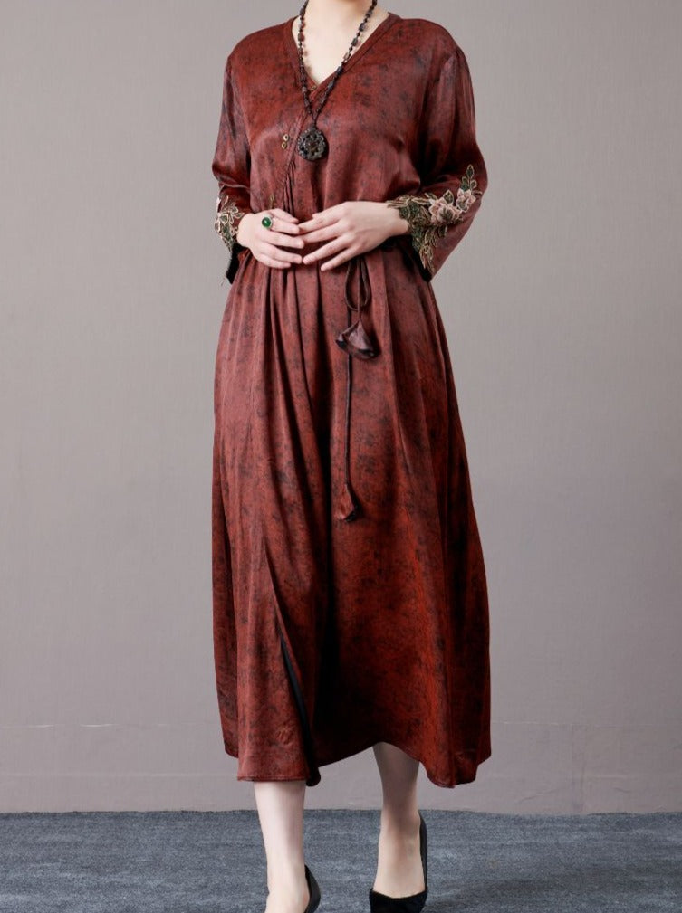 Embroidered Sleeves Rust Brown Maxi Dress