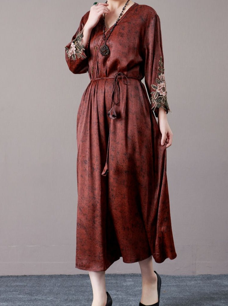 Embroidered Sleeves Rust Brown Maxi Dress