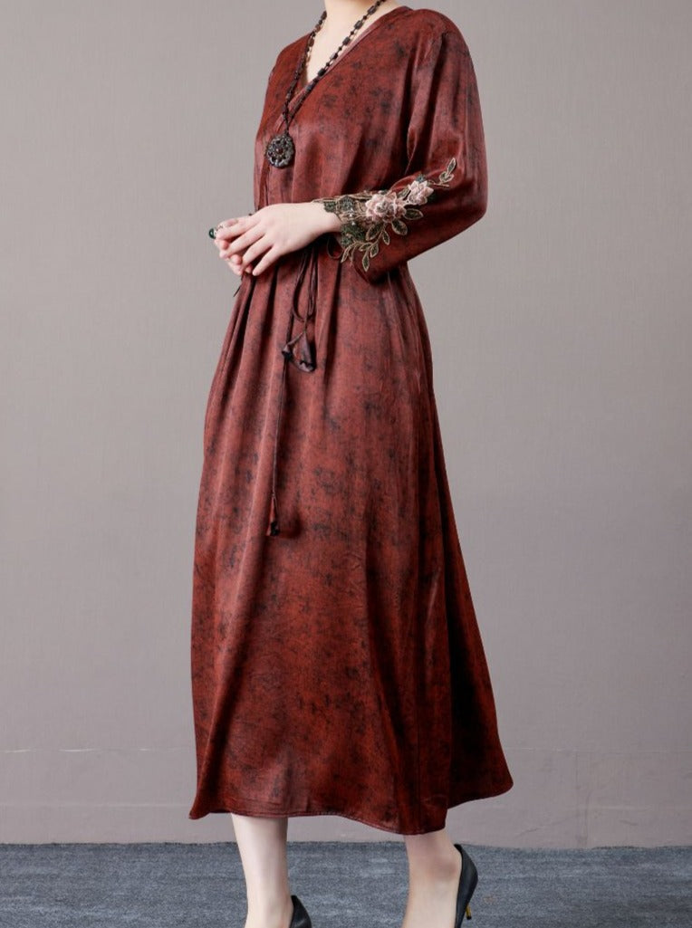 Embroidered Sleeves Rust Brown Maxi Dress