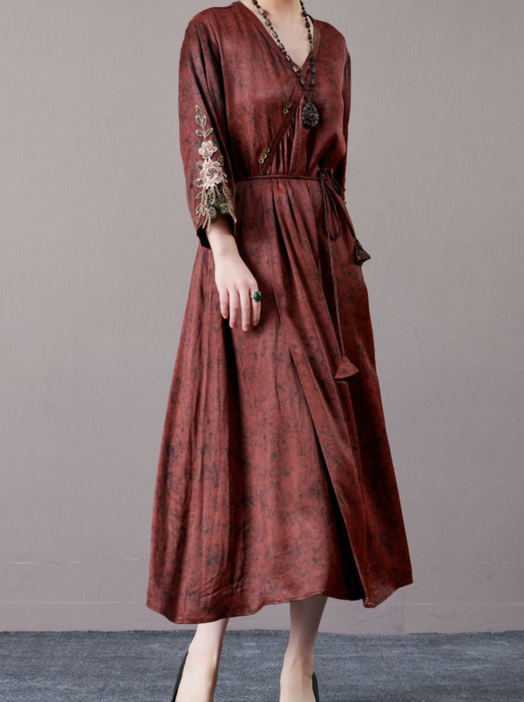 Embroidered Sleeves Rust Brown Maxi Dress