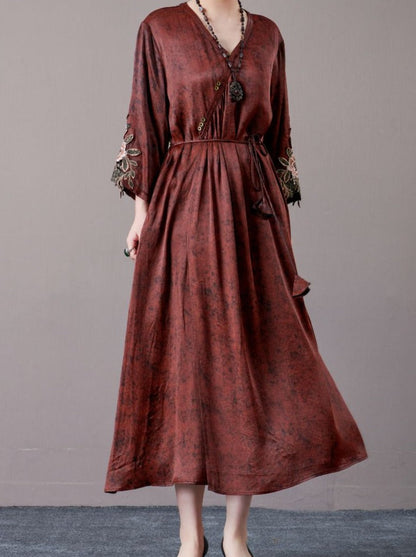 Embroidered Sleeves Rust Brown Maxi Dress
