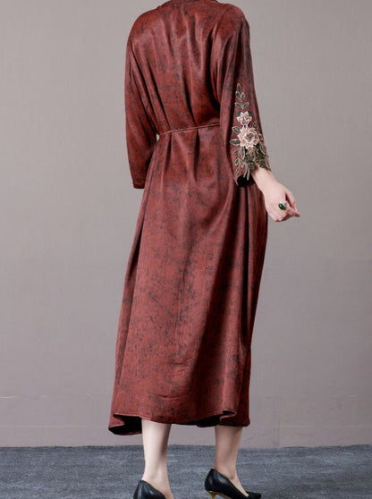 Embroidered Sleeves Rust Brown Maxi Dress
