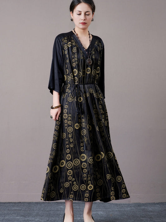 Black and Gold Geometric Print Maxi Dress