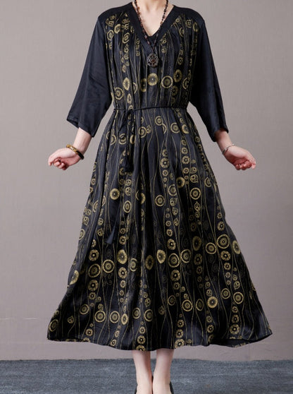 Black and Gold Geometric Print Maxi Dress