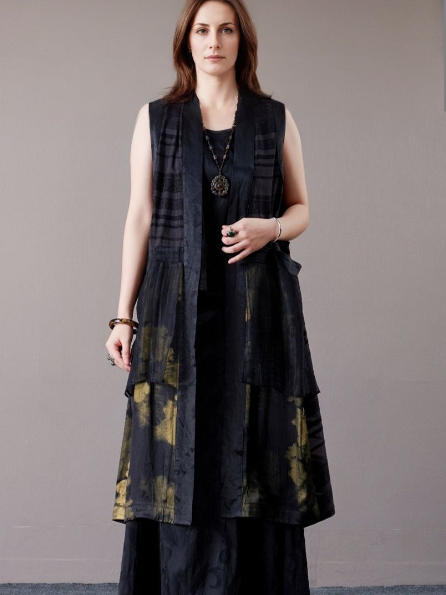 Elegant Layered Long Vest with Abstract Pattern