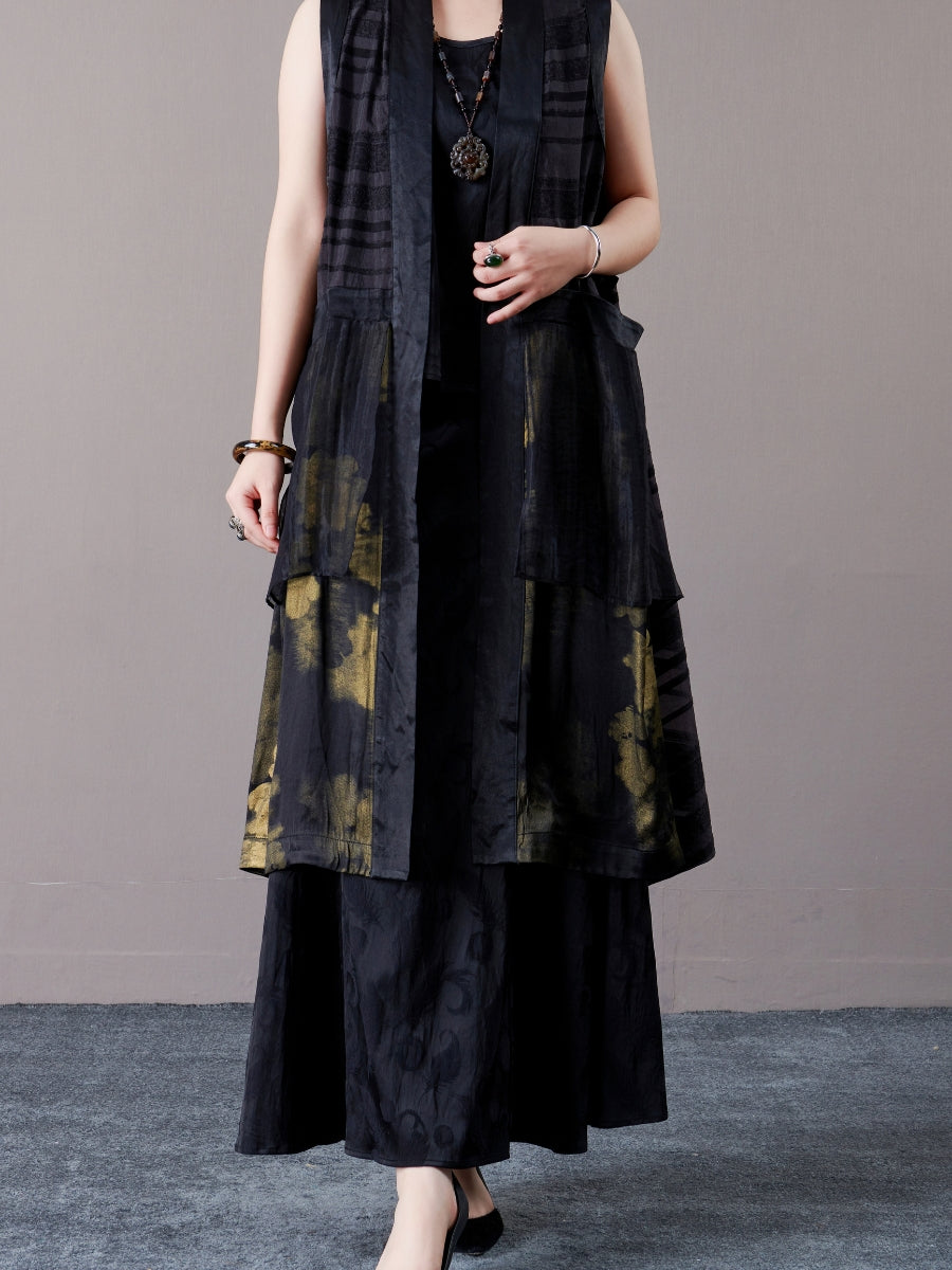 Elegant Layered Long Vest with Abstract Pattern