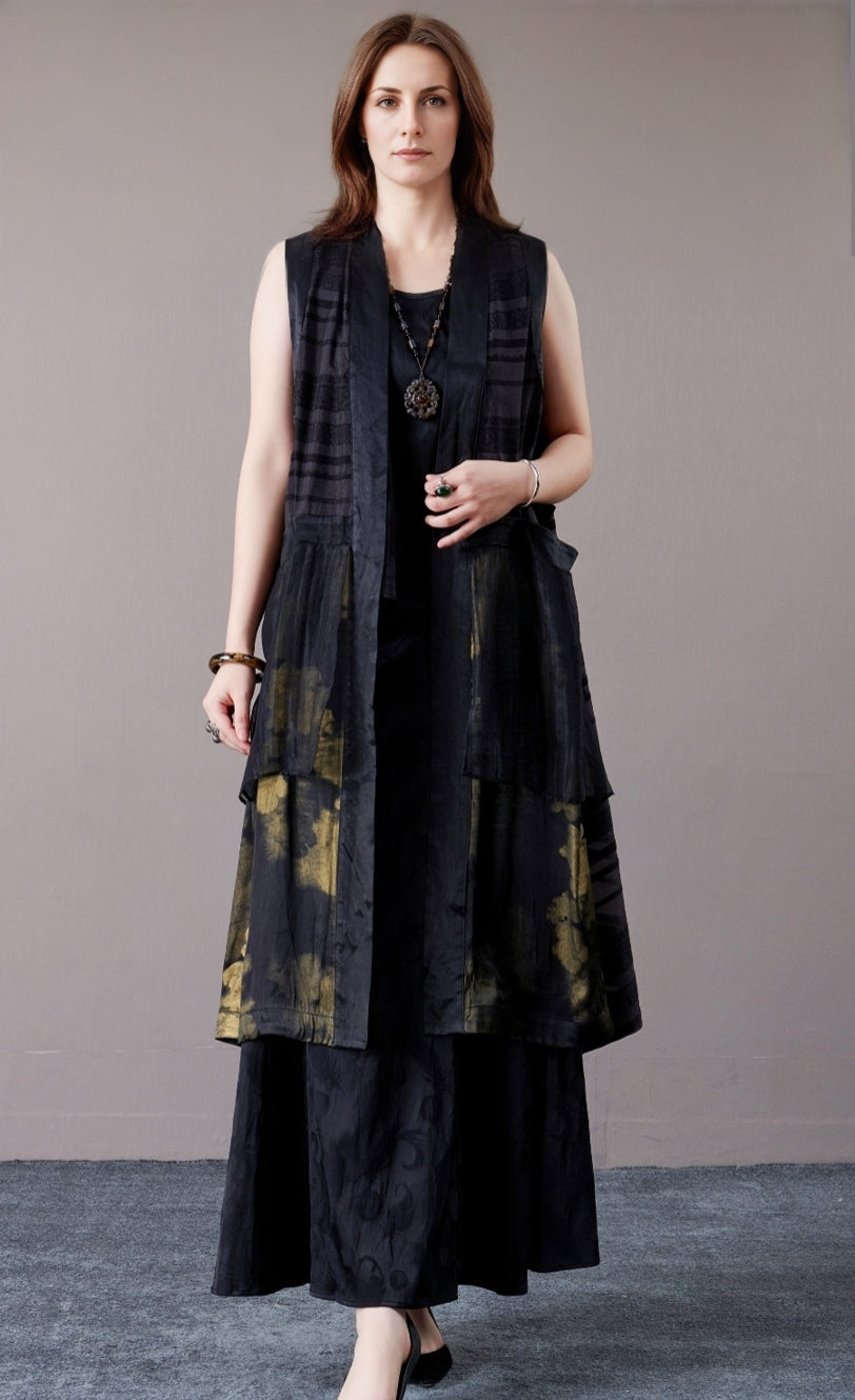 Elegant Layered Long Vest with Abstract Pattern