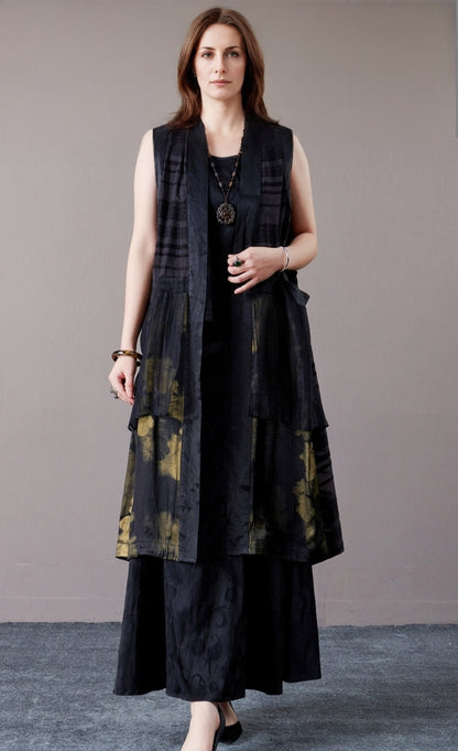 Elegant Layered Long Vest with Abstract Pattern