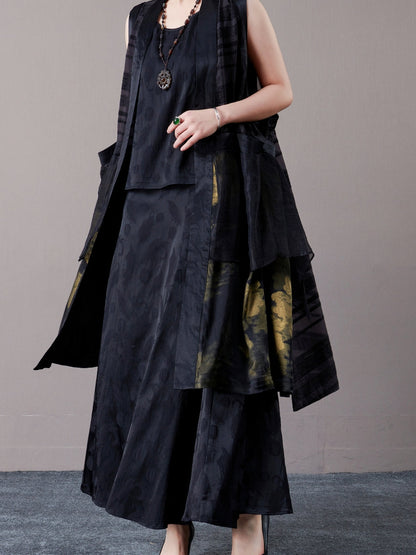 Elegant Layered Long Vest with Abstract Pattern