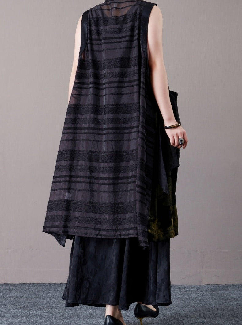 Elegant Layered Long Vest with Abstract Pattern