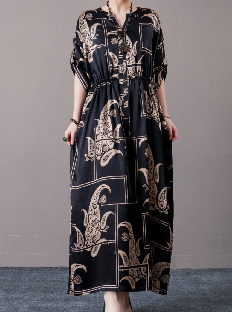 Black and Beige Paisley Print Maxi Dress