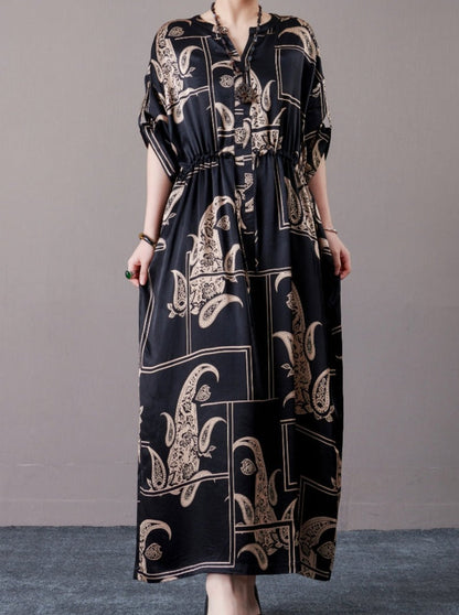 Black and Beige Paisley Print Maxi Dress