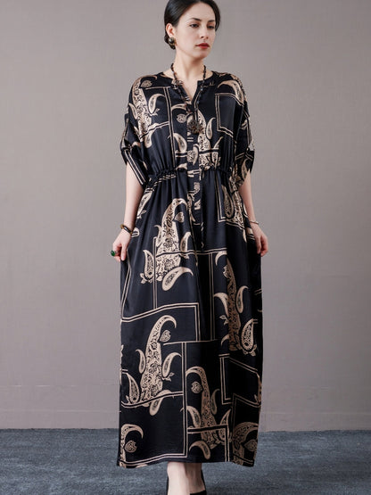 Black and Beige Paisley Print Maxi Dress