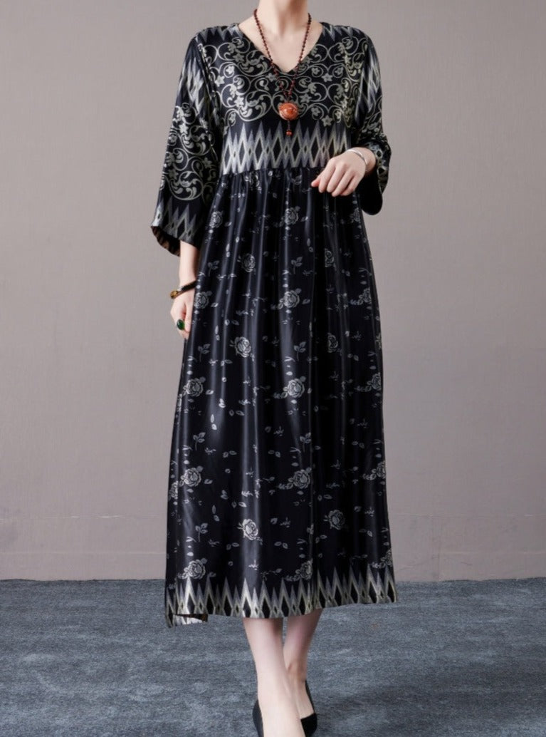 Bohemian Black and Silver Patterned Maxi Dress