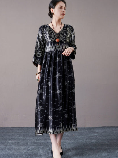 Bohemian Black and Silver Patterned Maxi Dress