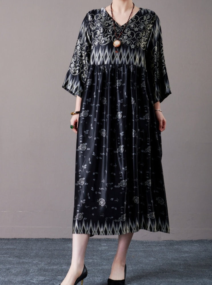 Bohemian Black and Silver Patterned Maxi Dress