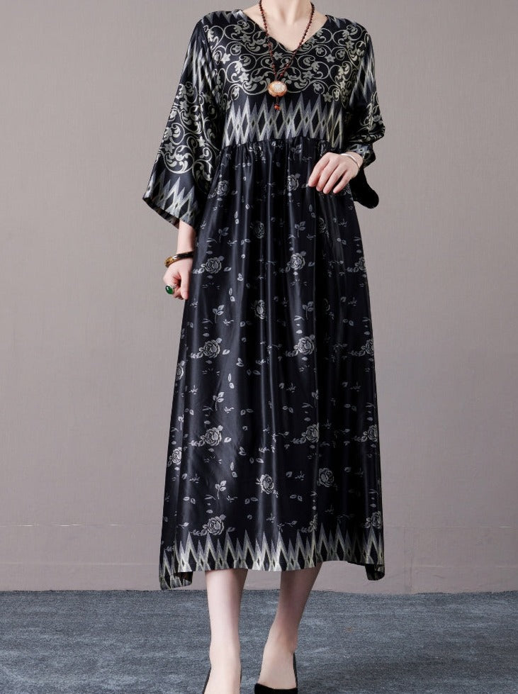 Bohemian Black and Silver Patterned Maxi Dress