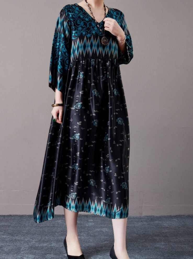 Bohemian Black and Silver Patterned Maxi Dress