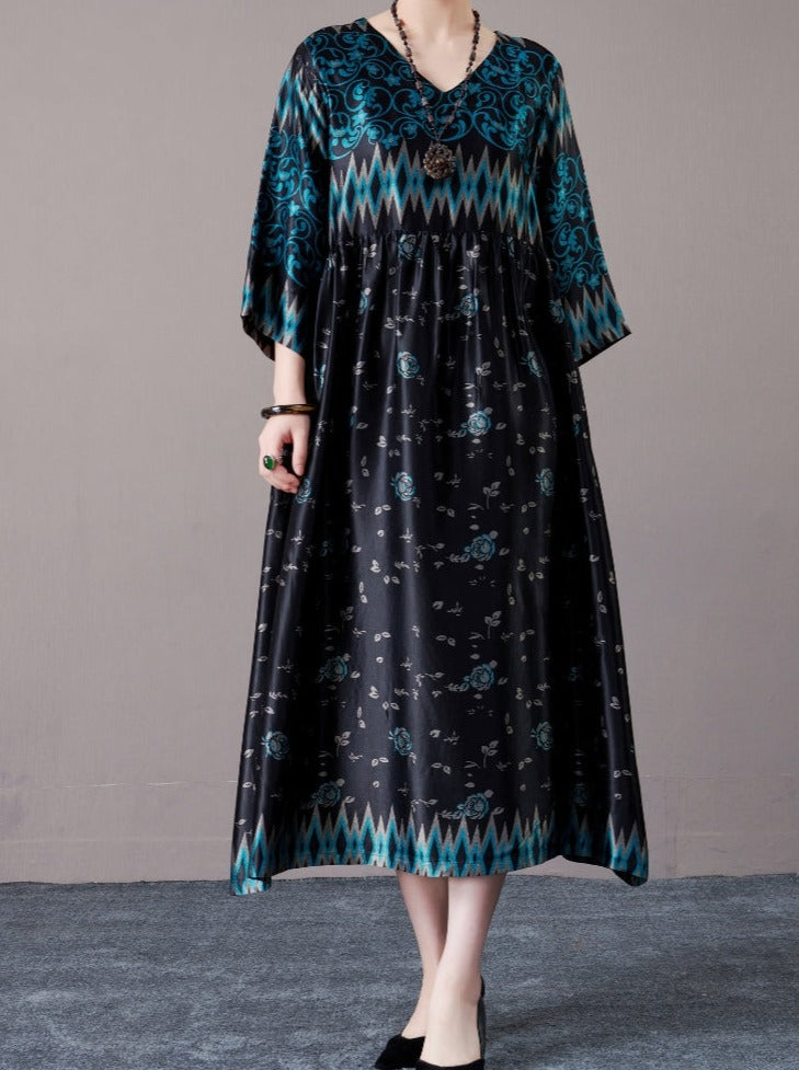 Bohemian Black and Silver Patterned Maxi Dress