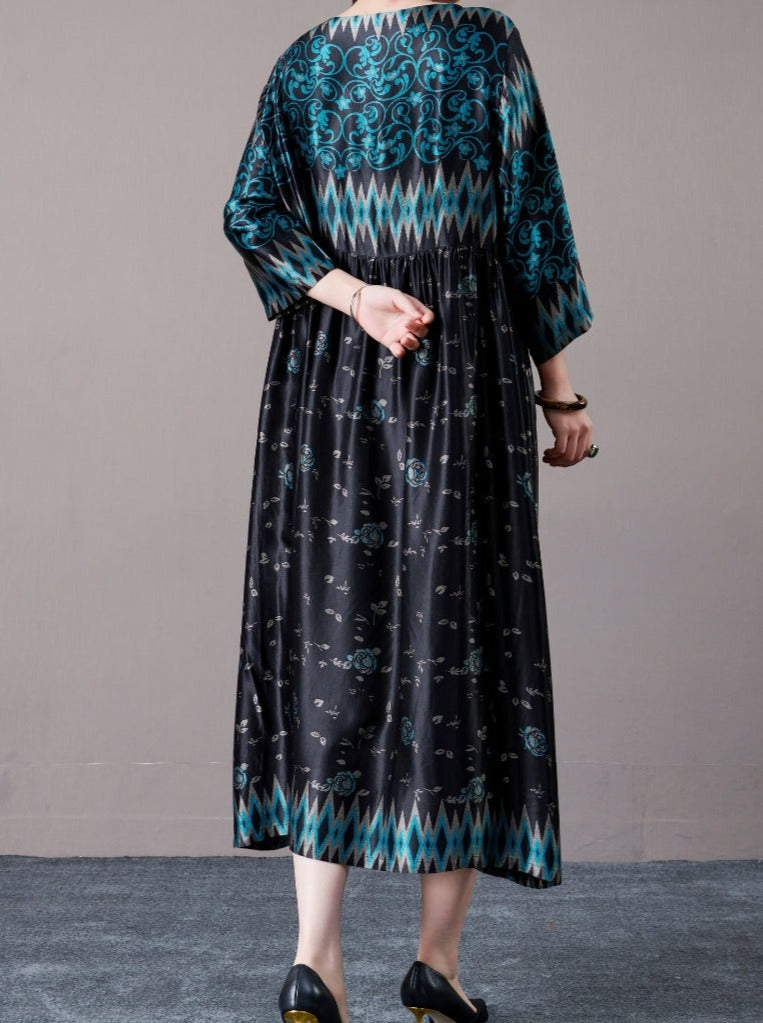 Bohemian Black and Silver Patterned Maxi Dress