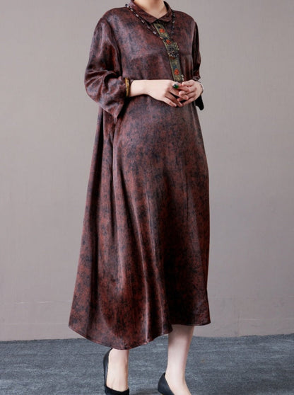 Vintage Brown A-Line Dress with Floral Embellishment